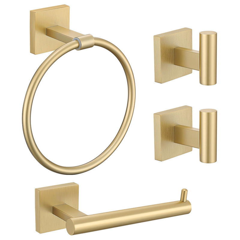 Towel Ring Set 4 Piece Bathroom Hardware Set Includes Towel Ring 2 Towel Hooks and Toilet Paper Holder Stainless Steel Wall Mounted (Brushed Gold) Brushed Gold Set C