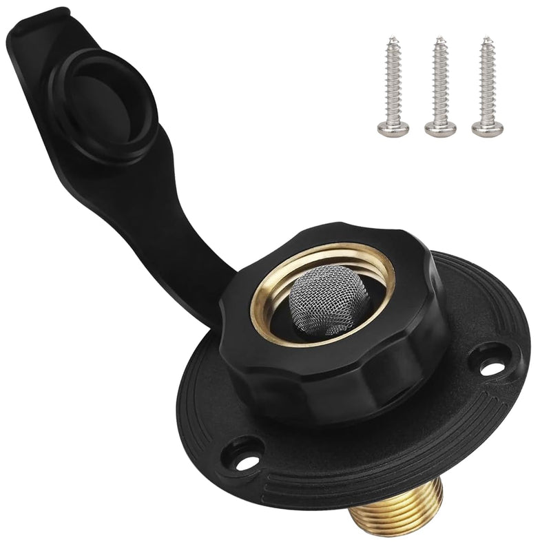RV City Water Inlet Connection with Brass Threaded Check Valve and Dustproof Cover Leak-Proof Inlet Hose Adapter for Fresh Water Fill Compatible with Camper Trailer Motorhome Marine (Black S) Small-black