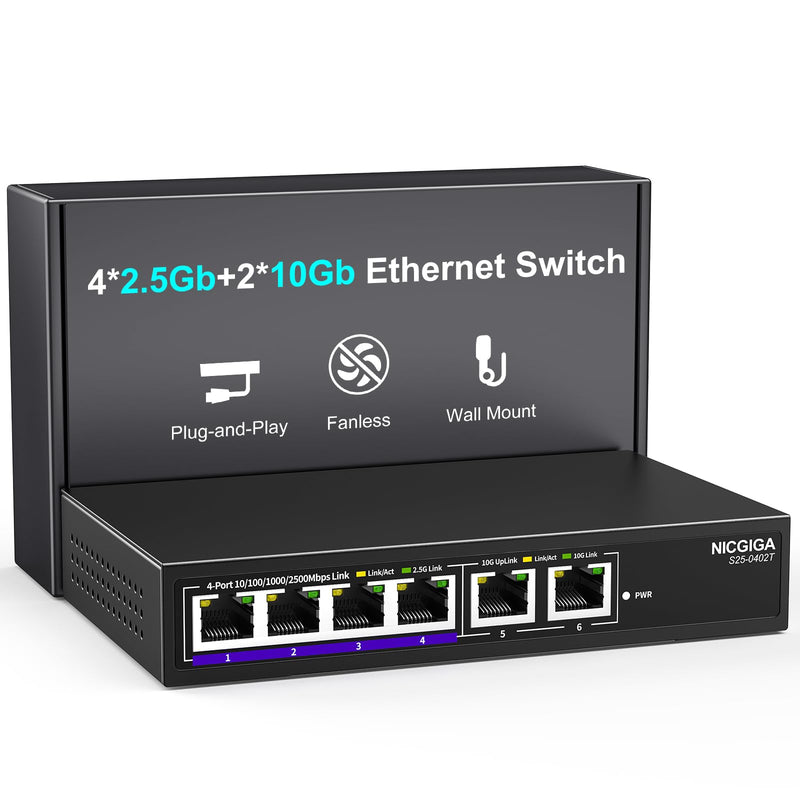 10Gbe Ethernet Switch Unmanaged with 2 x 10Gb RJ45 Ports ➕ 4 x 2.5Gb Base-T Ports, Desktop/Wall Mount NICGIGA 6 Port 10Gbps Network Switch for Wireless AP, NAS, PC 6 Port | 2x 10G RJ45 + 4x 2.5G