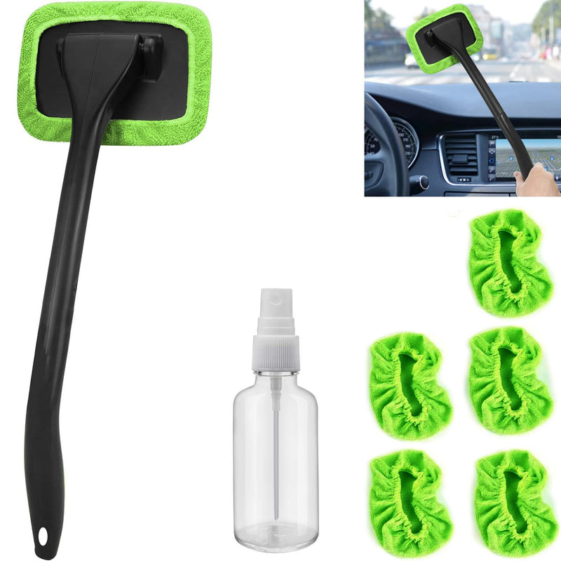 desin Car Windshield Cleaning Tool, Windshield Cleaner with 5 Washable and Reusable Microfiber Pads and Extendable Handle, for Auto Glass Wiper (Green) Green