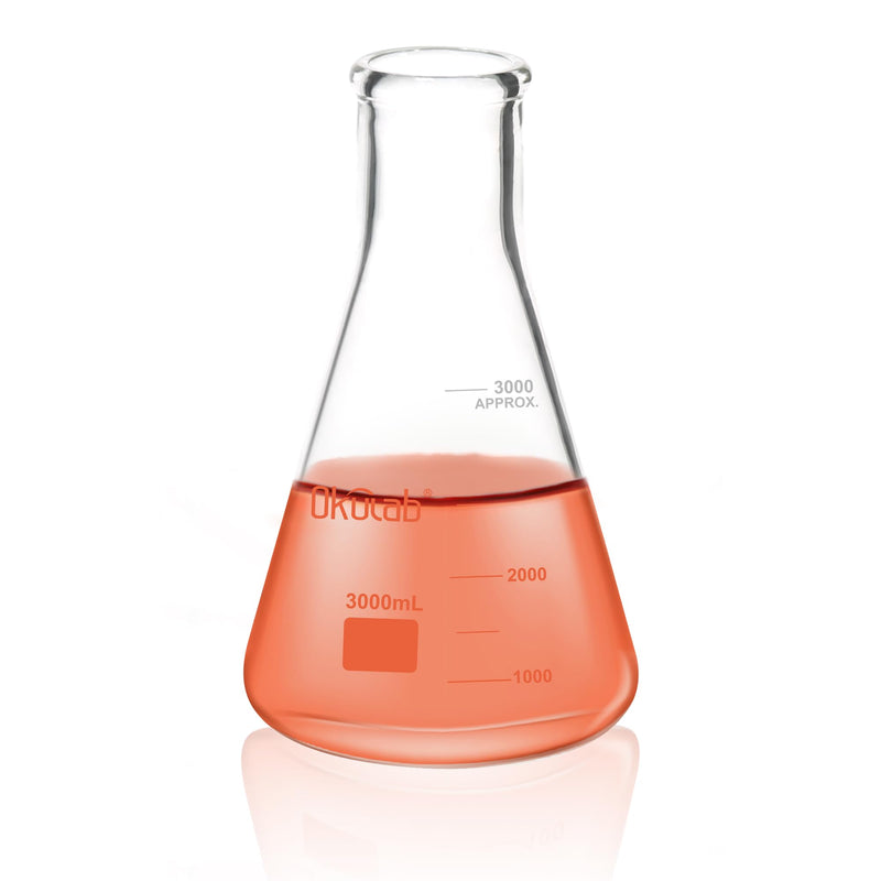 Conical Flask Set, Glass Erlenmeyer Flasks, 3000ml Lab Erlenmeyer Flasks, Borosilicate 3.3 Glass Material with Printed Graduation，EFNG3000A1 Vol.3000ml, pack of 1