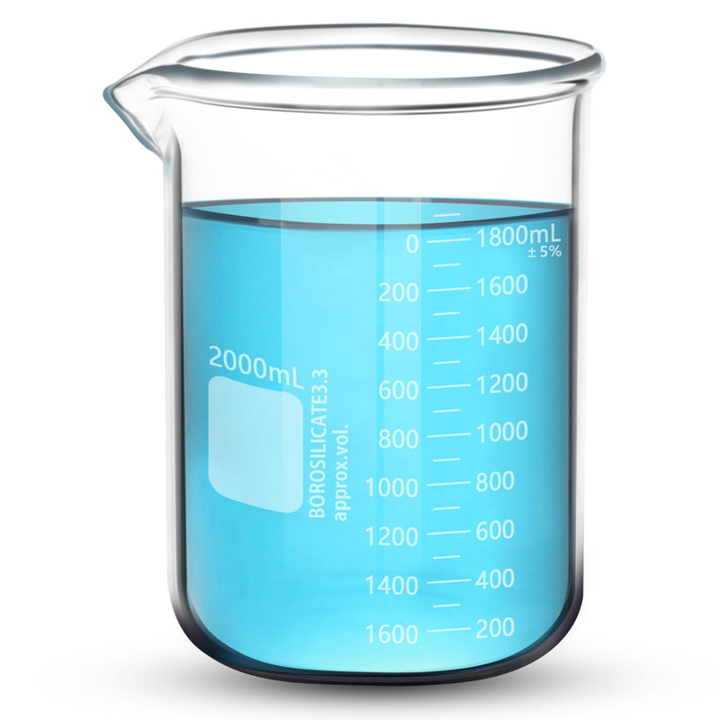 Heavy Duty 2000ML Glass Beaker, White Double Scale Graduation, Borosilicate 3.3 Glass, Low Form Griffin Lab Measuring Beaker, 1 Each (2000ML)