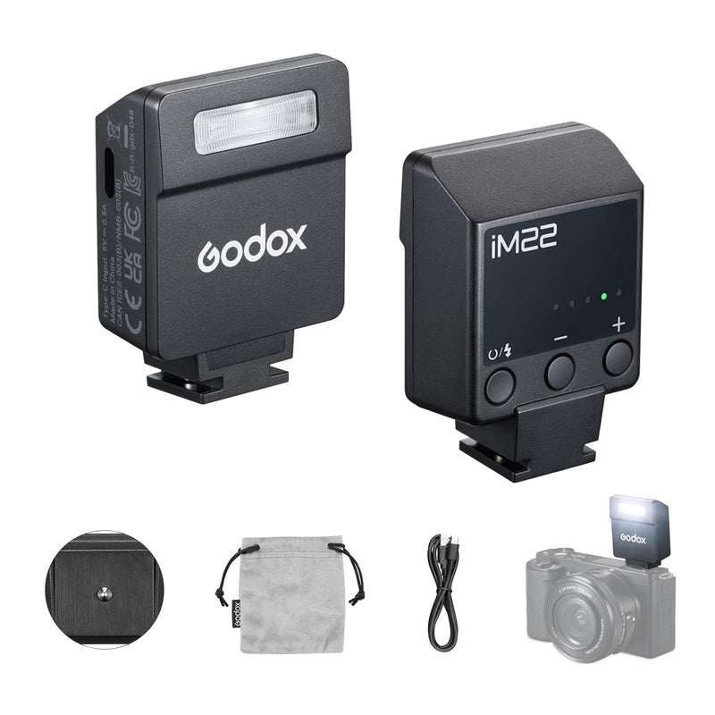 Godox iM22 Camera Flash, Mini Flash for Camera, 440 Full Power Flashes, Built in Lithium Battery, 5 Power Levels, Single Contact Hot Shoe, Compatible for Canon Sony Fuji Nikon Panasonic Olympus
