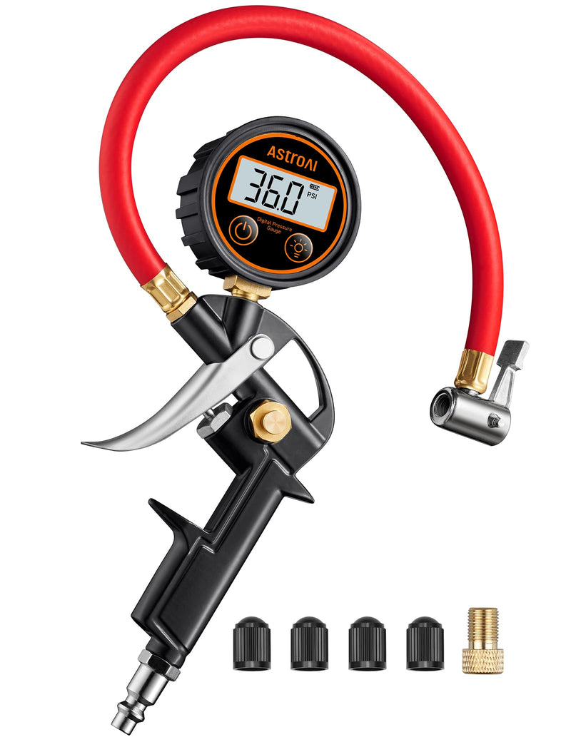 AstroAI T1 Digital Tire Pressure Gauge with Inflator, 3-250 PSI Air Chuck with Pressure Gauge, Heavy Duty with Quick Connect Coupler, Calibrated to ANSI B40.7 Grade 2A Digital 3-250 psi Red