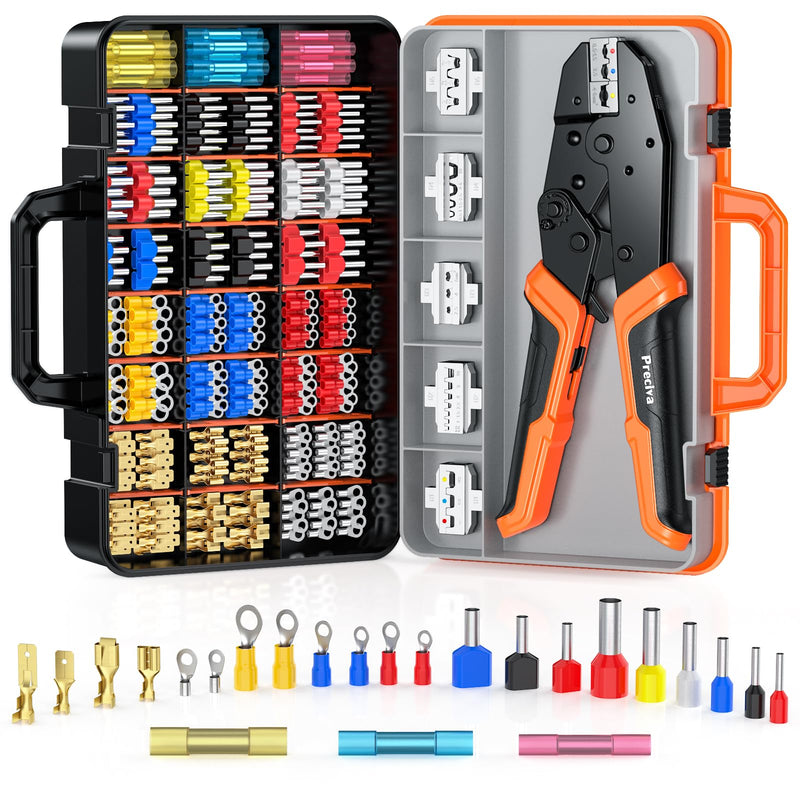 Preciva 6 PCS Crimping Tool Set with 395 PCS Connectors, Ratcheting Wire Crimper Tool for Heat Shrink,Insulated Connectors,Open Barrel,Circlip Terminals,Tube Terminals,Solar Connectors