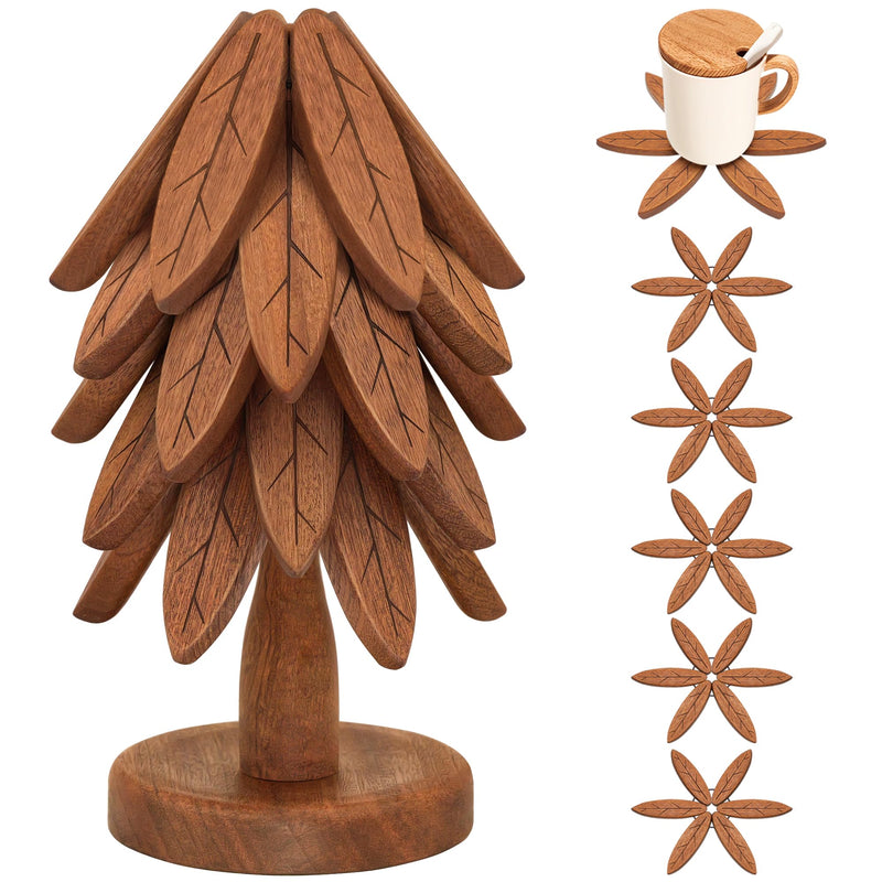 Wooden Trivets for Hot Dishes, Wooden Tree Trivet Set, Tree Coasters - of 5 + 1 Stand stored, Suited for Hots, Pans, Bowl, Teapot, Hot Holders - Multifunctional Ornaments Walnut - 5pcs
