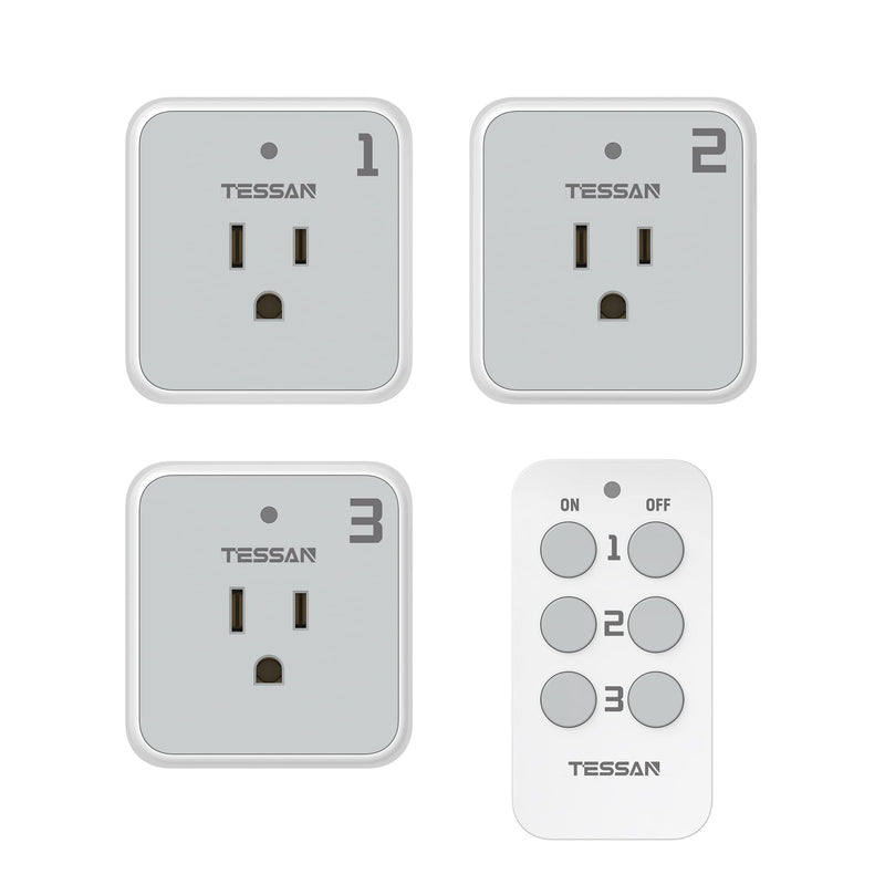 Remote Control Outlet Plug, TESSAN Wireless Light Switch Kit Indoor for String Lights, Lamps, Home Small Appliances, Wireless Power Socket 100ft RF Range, 15A/1875W (1 Remote and 3 Outlets) Grey-1 remote+3 outlet