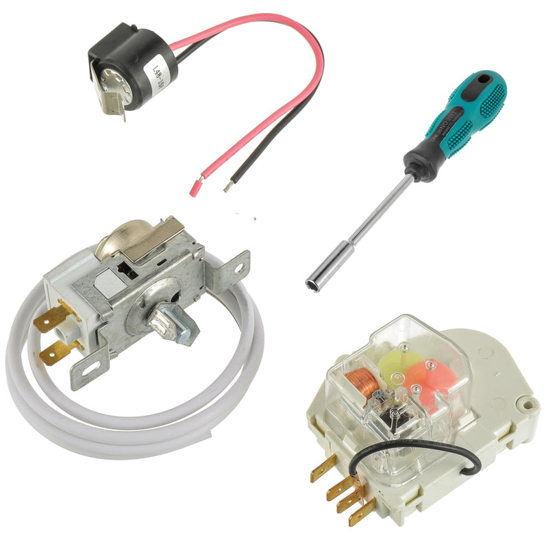 4PCS 2198202 Cold Control Thermostat W10822278 Defrost Timer W10225581 Bimetal Thermostat Refrigerator Defrost Complete Kit Fit for Whirlpool Replace 1110552 1115242 （Quarter inch Socket Screwdriver）
