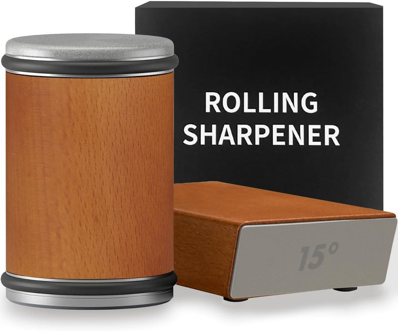 Rolling Knife Sharpener Kit with Diamond Discs – Professional Wooden Roller Knife Sharpener with 15° & 20° Magnetic Angle, Safe & Easy Knife Sharpening Tool for Kitchen Knives (Brown)
