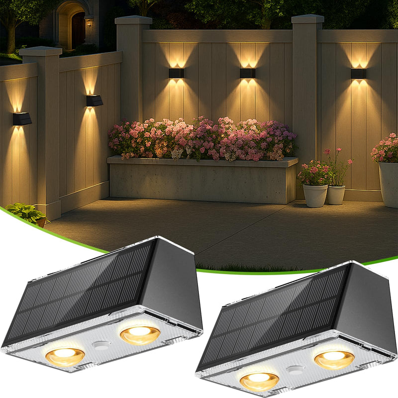 LANSOW Solar Fence Lights 2 Pack, Solar Powered Lights Outdoor Waterproof, 9-Mode Warm/Cool White & RGB Up-Down Led Spot Wall Lights Dusk to Dawn Decor for Backyard, Deck, Patio, Pool, Railing(Black) Black