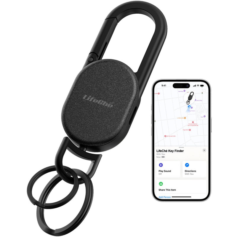 Keychain, Key Finder Built-in Anti-Loss Tracker, Heavy Duty Key Holder, Premium Stainless Steel Keychain Carabiner Car Key Chains with GPS Global Locator Tracking Waterproof Black