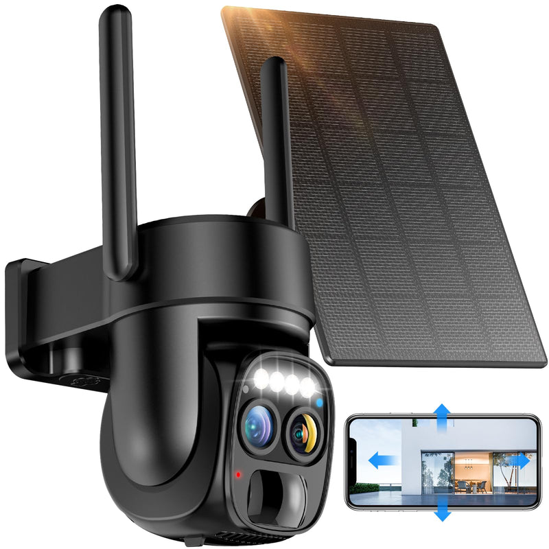 Hawkray Pannel Solar Wireless Outdoor Security Camera， Dual-Lens, 10xZoom, 2K Resolution 3MP 360°Pan/Tilt，2.4&5G WiFi Battery Powered Camera with Spotlight Alarm PIR Motion Detection solid black