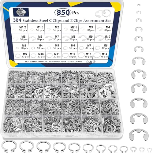 ZQZ 850Pcs C Clips and E Clips Assortment Kit, External Retaining Rings Set Silver Stainless Steel 850pcs E-clips+C-clips