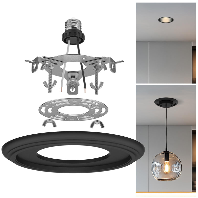 5 & 6 Inch Recessed Can Light Conversion Kit, Upgrade to Stylish Pendant & Hanging Light, Ceiling Fan Compatible, Includes 8-Inch 3D Ceiling Medallion (Matte Black Finish, 1-Pack) Black --1 pcs