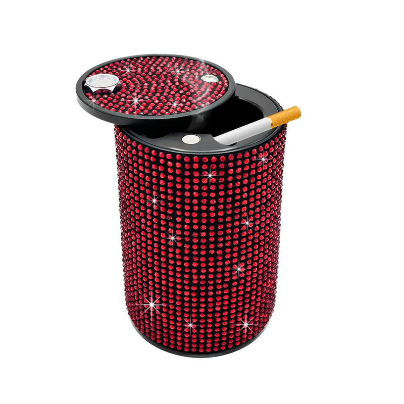 Car Cigarette Ashtray with Lid, Stainless Steel Bling Crystal Diamond Smokeless Fireproof Vehicle Ashtray Holder, Portable Sparkling Ashtray Cup Holder for Car Home Office (Red) Red