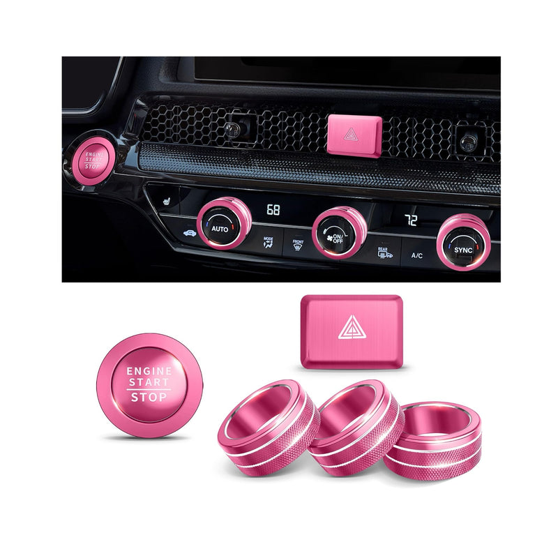 for Honda Civic 2022-2026, CRV/HRV/Accord 2023-2026, Acura Integra 2023-2025 & ADX 2025 Accessories, 6pcs Aluminum Alloy Knob Cover Trim Set - Push Start, AC & Hazard Light (Pink) Pink