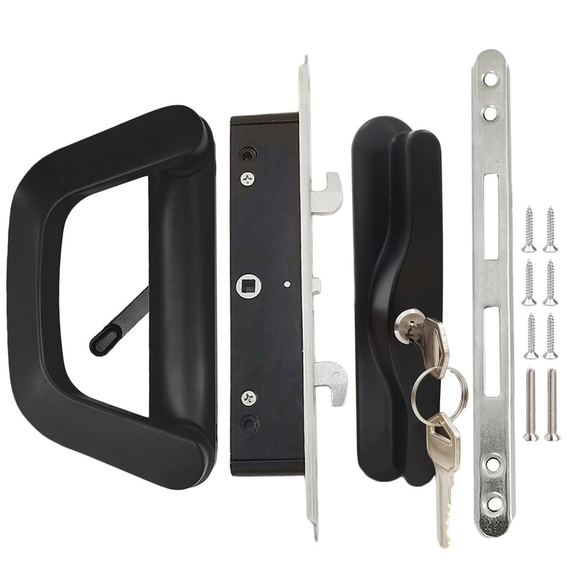 Sliding Patio Door Handle with Mortise Lock and Keys, Key Cylinder and Keeper, 4-15/16" Hole Spacing, Reversible Design(Non-Handed), 4 15/16 Glass Door Replacement Handle Lock, Need to Drill (Black) Black