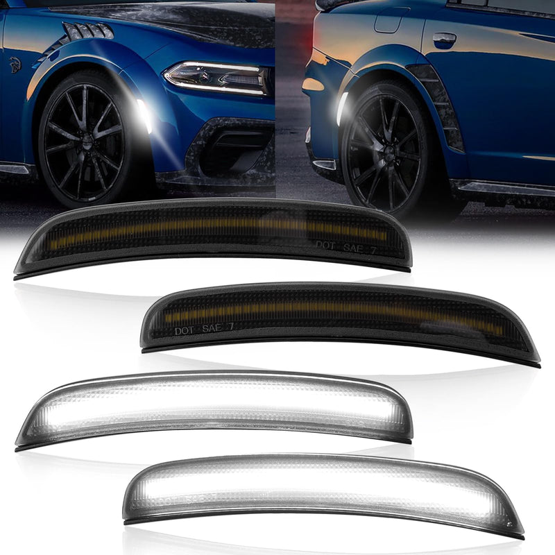  [AUSTRALIA] - White LED Side Marker Lights Compatible with Dodge Charger 2015-2023, Front & Rear Bumper Smoked Lens Reflector Lamps Replace# 68214405AA 68214404AA 68214127AA, 4PCS