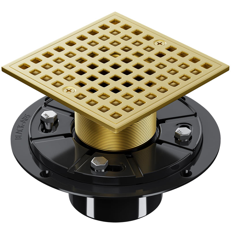 Shower Drain Hair Catcher- 4-1/4 Inch Square Shower Floor Drain Kit with ABS Flange for 2" or 3" Pipe, Drain with Hair Strainer,Removable Strainer Cover,SUS304 Stainless Steel, Brushed Gold