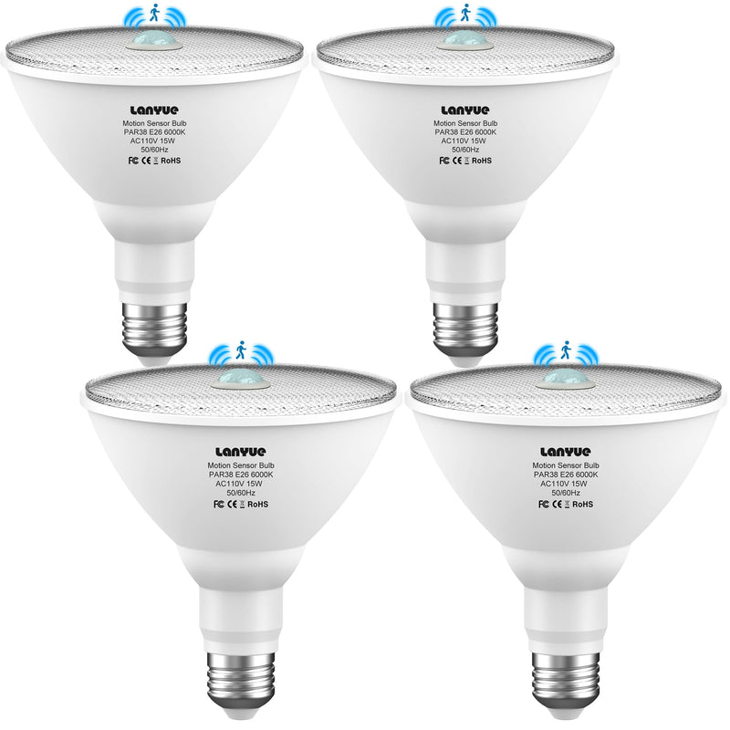 Motion Sensor Light Bulbs, Dusk to Dawn Outdoor Lighting, PAR38 Led Motion Sensor Flood Light 100 Watt Equivalent(15W), 6000K Daylight, Waterproof Outdoor/Indoor,(4 Pack) LY-PAR38H001