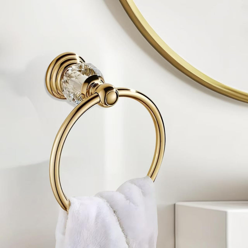 Crystal Gold Towel Ring, Gold Bathroom Towel Holder Ring, Golden Towel Rack Hanger Home Hand Towel Ring Towel Holder for Bathroom Wall Mounted Bathroom Accessory