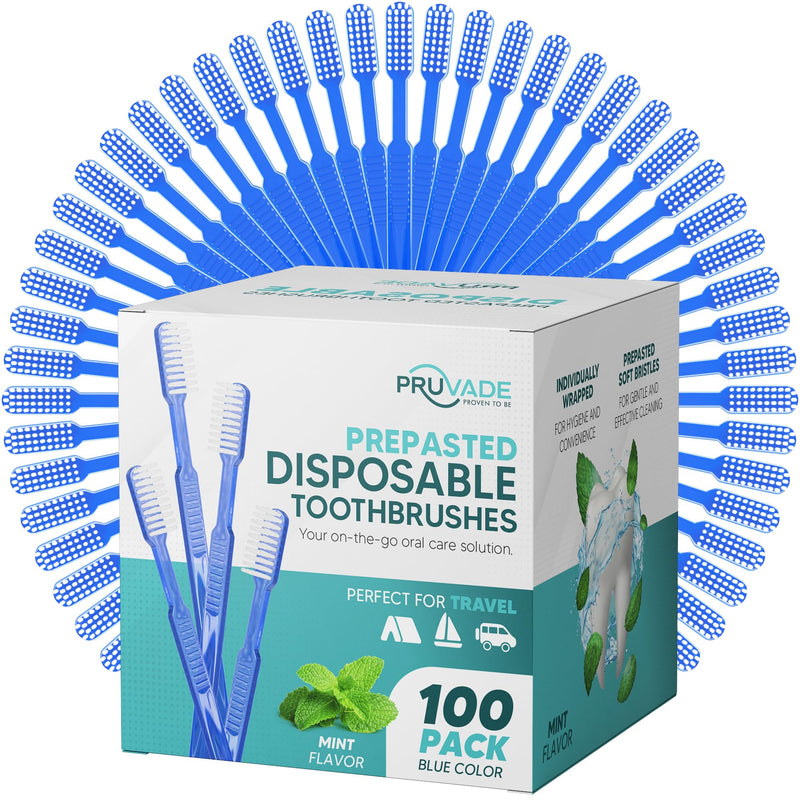 100 Pack Disposable Toothbrushes with Toothpaste Built In | Mint Prepasted Toothbrushes Individually Wrapped - Blue Single Use Waterless Toothbrush with Soft Bristles for Work, Camping, Travel 1 Count (Pack of 1)