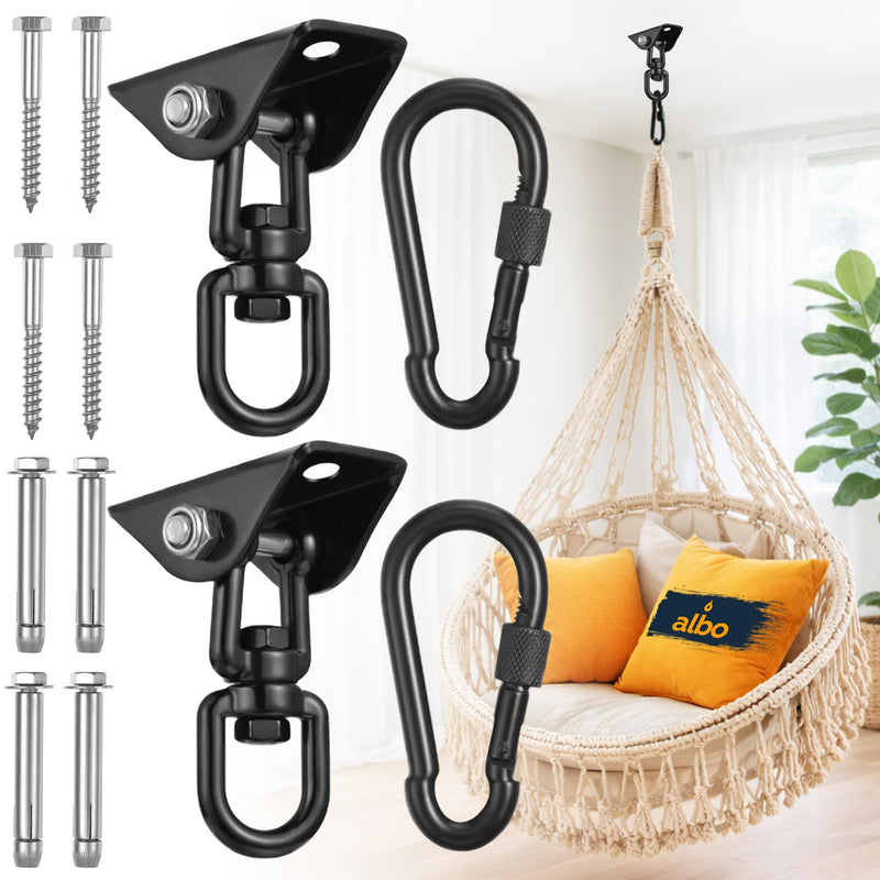 Albo Heavy Duty Swing Hangers 2 Pack, 2650 LBS, 360° Swivel Ceiling Mount Bracket with Carabiners – Hammock Chair, Porch Swing, TRX, Punching Bag, Hardware for Wood & Concrete Black 2 PCS