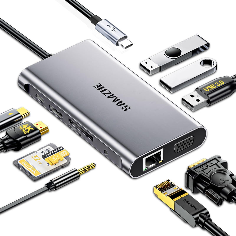 SAMZHE USB C Docking Station 10-in-1 USB-C Hub Dual 4K HDMI Monitor Laptop Dock Stations Multiple Adapter with HDMI 4K+VGA+3 USB-A 3.0 Port+100W PD Charger+Ethernet+SD/TF+Audio