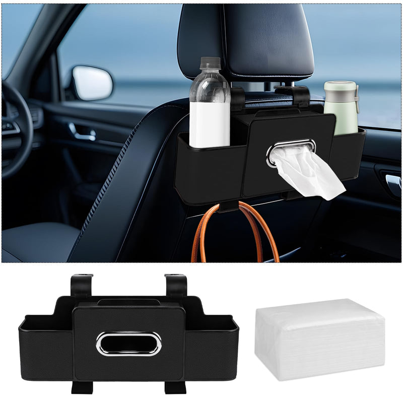 Car Back Seat Organizer with Tissue, Car Seat Back Tissue Box and Storage Hook, Multifunctional Car Organizer for Hold Phone,Drinks,Handbag,Compatible with Most Vehicles (Black) Black