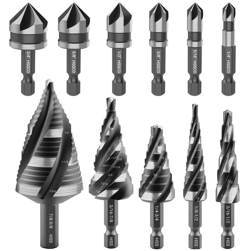 5 Pcs Four Spiral Flute Step Drill Bit Set & 6 Pcs Countersink Drill Bits with Tool Box, Nitriding HSS Drill Bits for Metal, Aluminum, Wood, Plastic