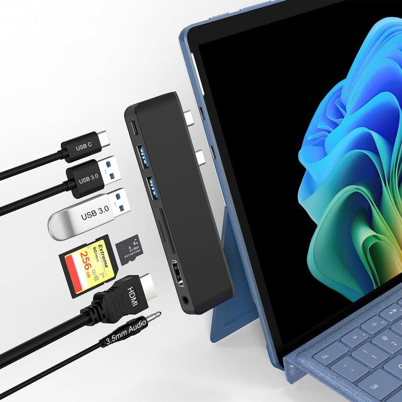 Surface Pro 11/10/9 Accessories Docking Station & Adapter - 7-in-1 USB-C Hub for Dual Monitor, with 4K HDMI, USB C Thunderbolt 4 (8K@30Hz/40Gbps/100W PD), 2 USB 3.0, SD/TF Card Reader & 3.5mm Audio Black