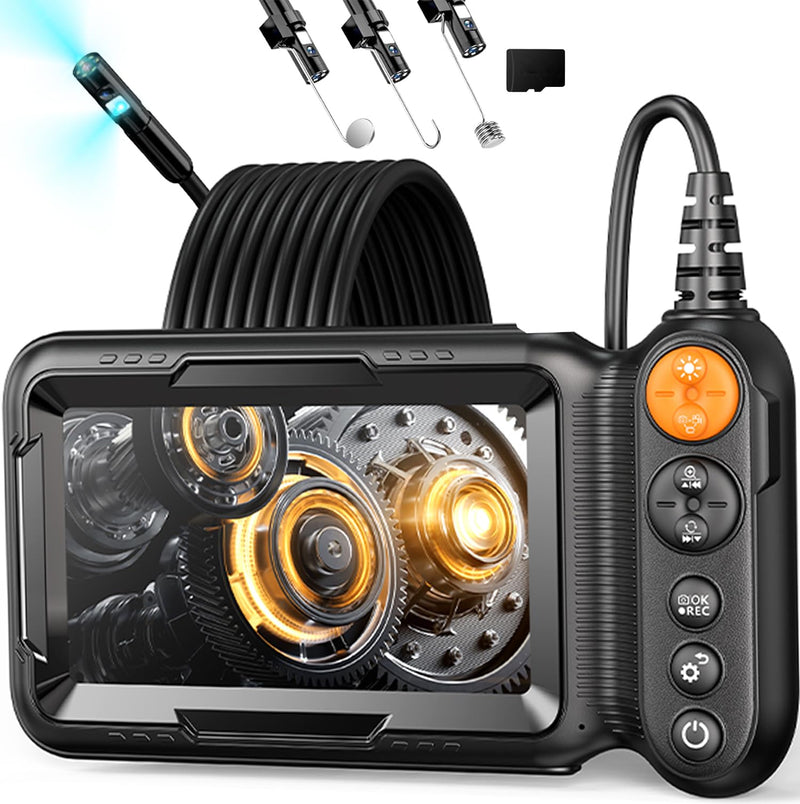Dual Lens Endoscope Camera with Light, 1080P Borescope Inspection Camera with 5" IPS Screen, 32.8FT Semi-Rigid, 8+1 LEDs & 32GB Card, 7.9mm IP67 Waterproof Sewer Snake Cam for Car Plumbing Wall