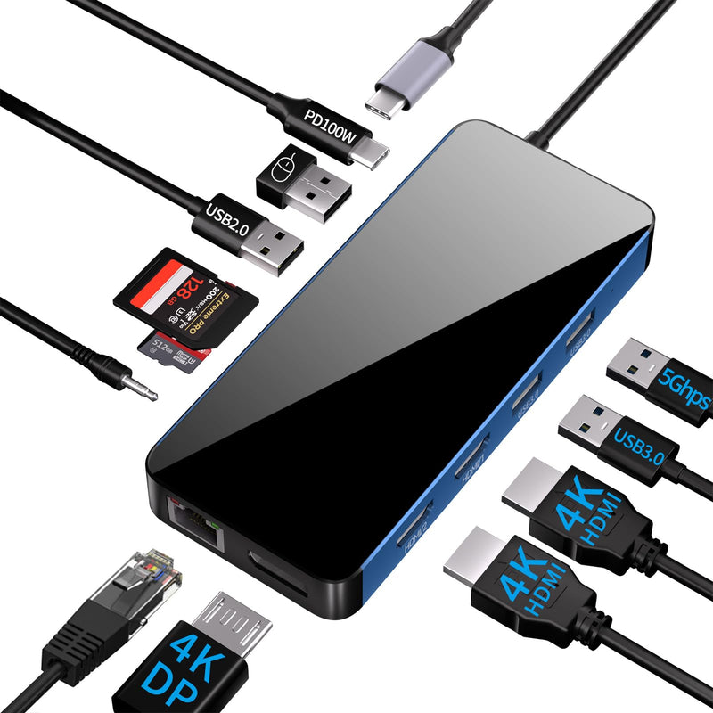 12 in 1 Docking Station Triple Display USB C Hub Multiple Adapter with 2 HDMI+DP,4 USB 3.0/2.0 Ports,SD/TF Card Reader,100W PD, Ethernet, Audio, USB C Dongle for MacBook/Dell/HP/Surface 12 in 1