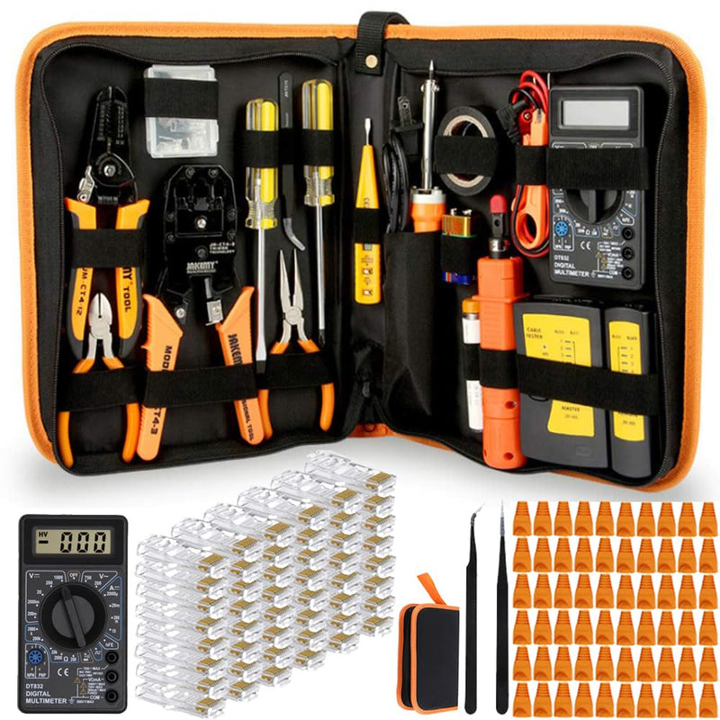 LEATBUY Network Tool Set CAT5 CAT6 Crimp Tool Kit RJ45 Crimping Tool Net Crimper Connectors, Strippers Lan Cable Tester, Ethernet Wire Punch Down Cutter (ORANGE) Orange