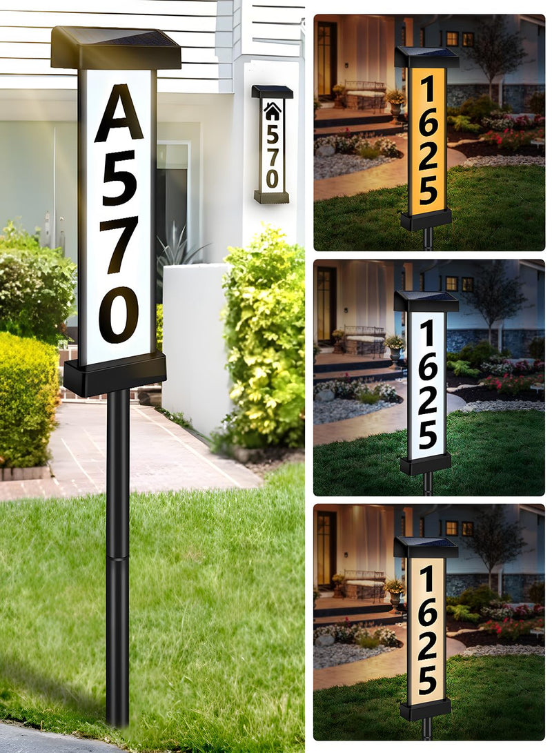 DBF Solar Address Sign, Dual-Sided House Numbers for Outside Waterproof, 3 Colors LED Illuminated Solar Powered Address Plaque with Stakes, Outdoor House Number for Yard Street Home Garden, Vertical Ground&Wall