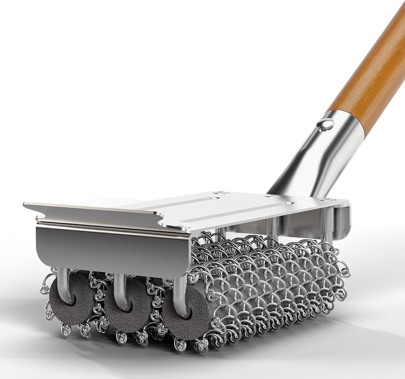 HOUSE AGAIN Grill Brush Bristle Free, 304 Stainless Steel Food-Grade Brush Head with Scraper, Safe BBQ Outdoor Grill Cleaning Brush Strong Barbecue Brush Cleaner Non Wire for Grill Grate/Wooden Handle Wood