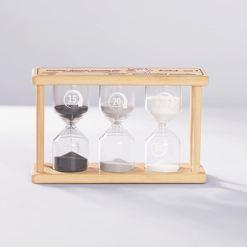3-in-1 Perfect Bamboo Sand Timer, Includes 15, 20 and 30 Minute Sand Hourglass Timers,Sand Glass Timer Decor for Games Classroom Home Office or Keeping Time Around The Kitchen(BGW+152030) Black+gray+white 15+20+30Min