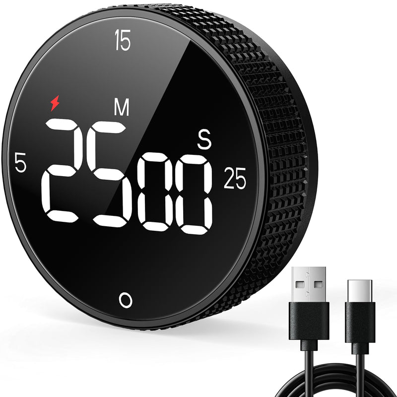 Rechargeable Magnetic Kitchen Timer for Cooking, Building 800mAh Battery Large Display Digital Countdown Countup Timer, 3 Preset 5/15/25 Mins Loud Alarm for Baking Grilling Studying Glossy Black 1