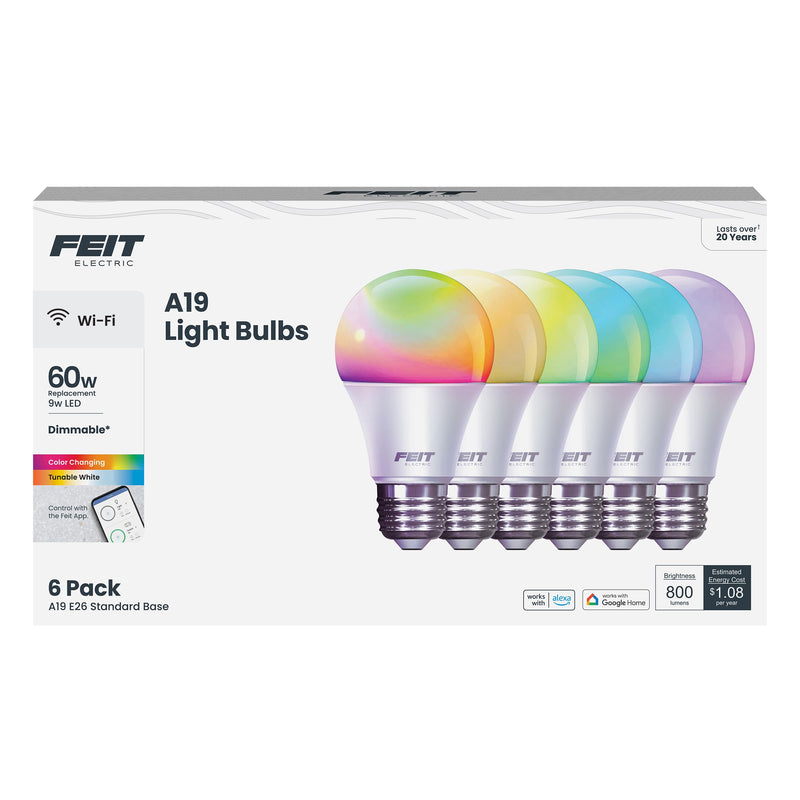 Feit Electric A19 Smart LED Light Bulb, 60W Equivalent, Dimmable, RGBW Color Changing, Alexa & Google Home Compatible, 2.4GHz Wi-Fi Enabled, 800 Lumens, 25,000-Hour Lifetime, OM60/RGBW/CA/AG/6, 6-Pack Rgbw + 60w 6 Count (Pack of 1)