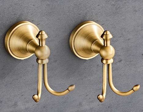 Vintage Style Wall Mounted Towel Hooks Antique Brass Bathroom Robe Coat Hanger with Brushed Double Hooks,2PACK 2PACK