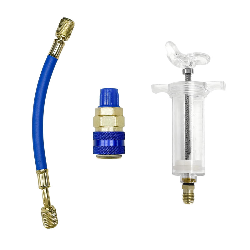 Oil and Dye Injectors Kit, 30ml/1 Oz Hand Push Oil Injector with Snap Quick Coupler 1/4" SAE Connector, Screw-in Manual AC Dye Injector Refrigerant Tools for Car HVAC System