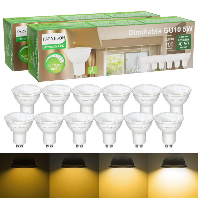 Dimmable GU10 LED Light Bulbs - 5W, Soft White (3000K), 700 Lumens, Wide 110° Flood Beam, Great for Recessed and Track Lighting in Kitchens, Living Rooms, and Bedrooms, 12-Pack Warm White (3000k) 12 Count (Pack of 1)