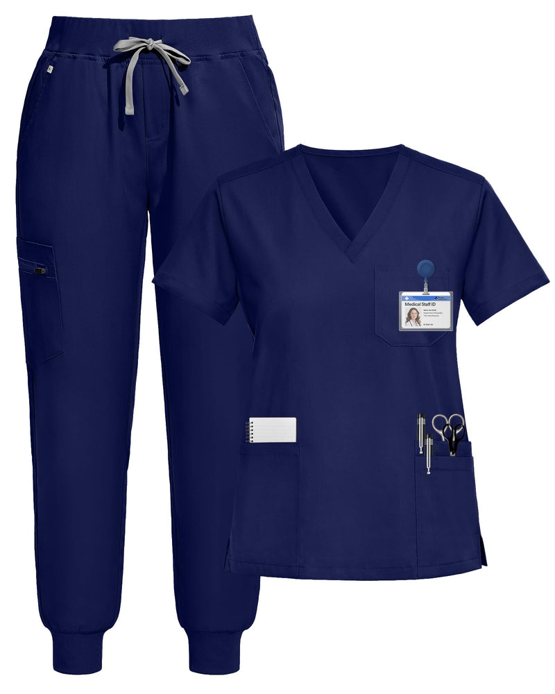 Scrubs for Women Set, Stretchy V-Neck Top & Jogger Pants with Multi-Pocket Yoga Waistband Large Navy Blue
