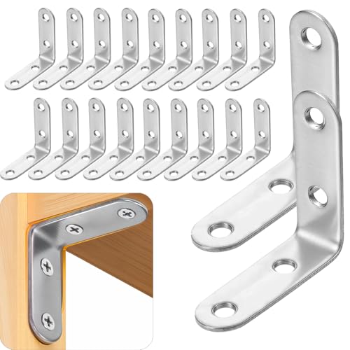 20 Pcs L Bracket Corner Braces 2 Inch Stainless Steel Heavy Duty Shelf Bracket for Wood Shelves, Wall Hanging Support 90 Degree Joint Right Angle Brackets with Screws
