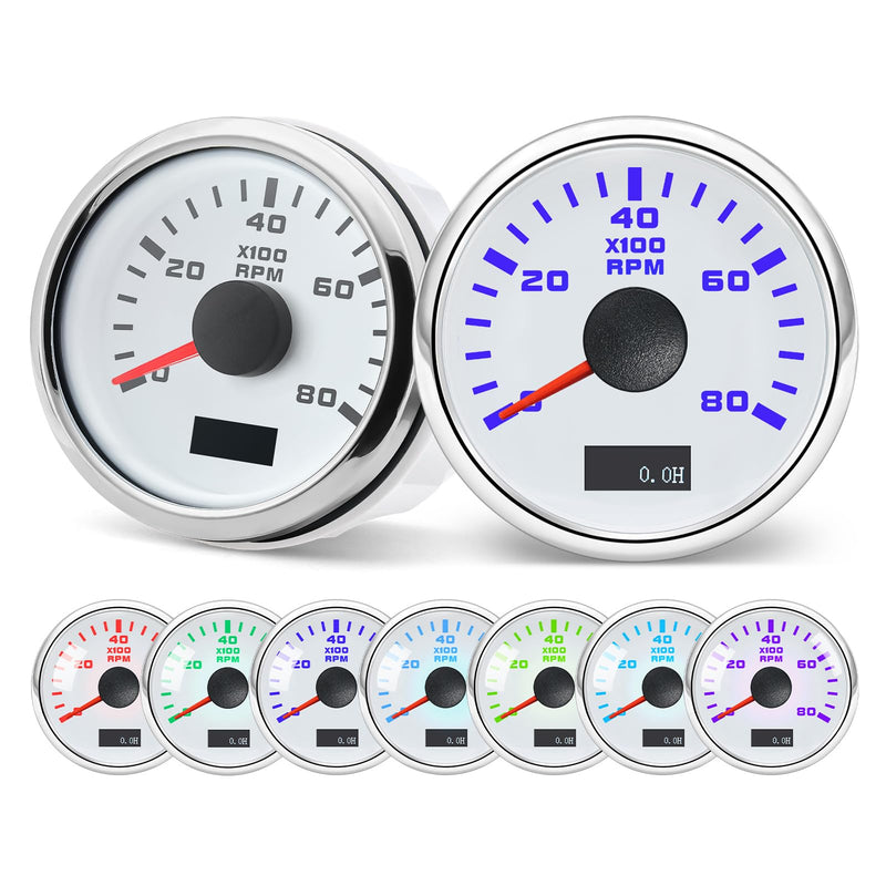 MH Tachometer 2-1/6" 52mm 8000 Tach Boat RPM Gauge 7 Color Waterproof for AUTO Car Truck Marine（White）