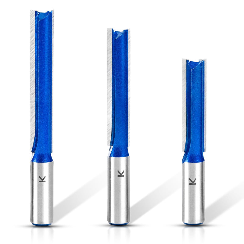 3Pcs Extra Long Straight Router Bit Set 1/2 Shank, Carbide Tipped Double Flute Straight Bit Dado Straight Cut Router Bit for Woodworking, 2",2-1/2",3" Cutting Length,1/2" Cutting Dia. 1/2" Dia. - 2", 2-1/2", 3" Lengths - 1/2" Shank 3 Piece Set