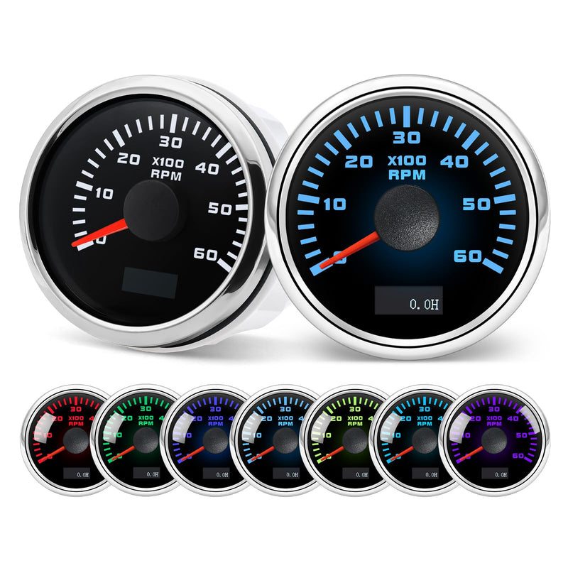 MH Tachometer 2-1/6" 52mm 6000 Tach Boat RPM Gauge 7 Color Waterproof for AUTO Car Truck Marine（Black & Sliver）