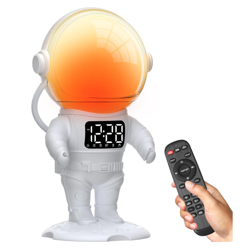 Astronaut Sunrise Alarm Clock for Kids, White Noise Sound Machine with 30 Soothing Sounds, 22 Dimmable Nightlights, Bluetooth Speaker, Dual Digital Alarm Clocks, Wake Up Light for Bedroom, Adults White+remote Control