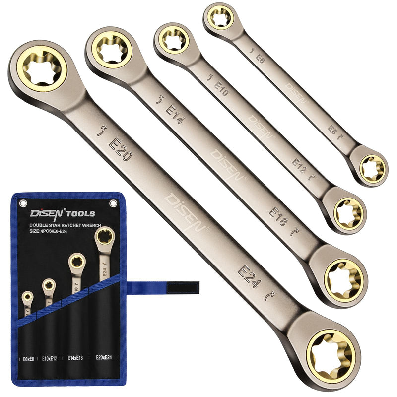 DISEN Upgraded 4-Piece E-Torx Double Box Ratcheting Wrench Set, 72-Tooth Black Nickel Plated, Dual Head E6E8/E10E12/E14E18/E20E24 with Storage Pouch