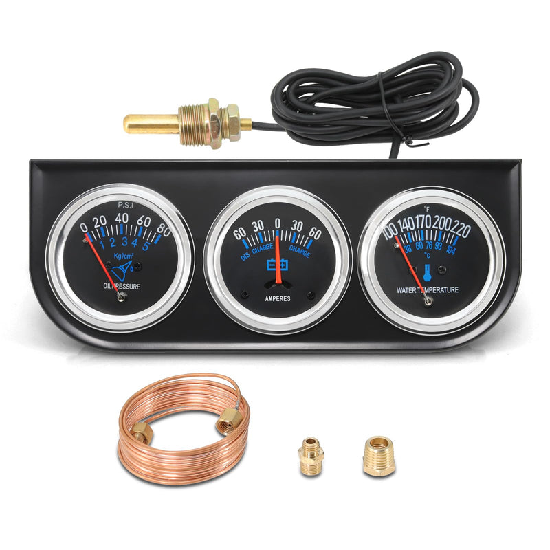 MH 2inch 52mm Triple Gauge Set, Oil Pressure Gauge Water Temp Temperature Ammeter AMP Car Auto 3 Gauges Cluster Set kit